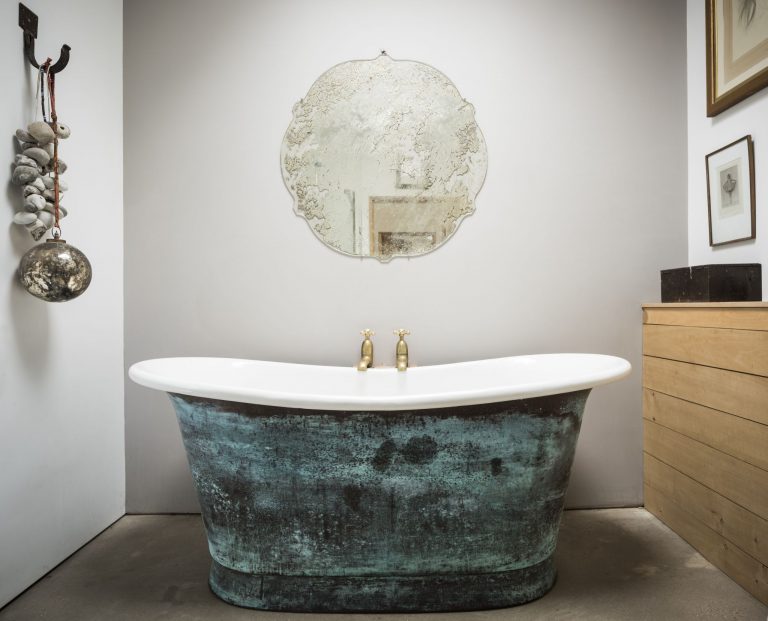 Verdigris Bateau Bath with White Enamel Interior